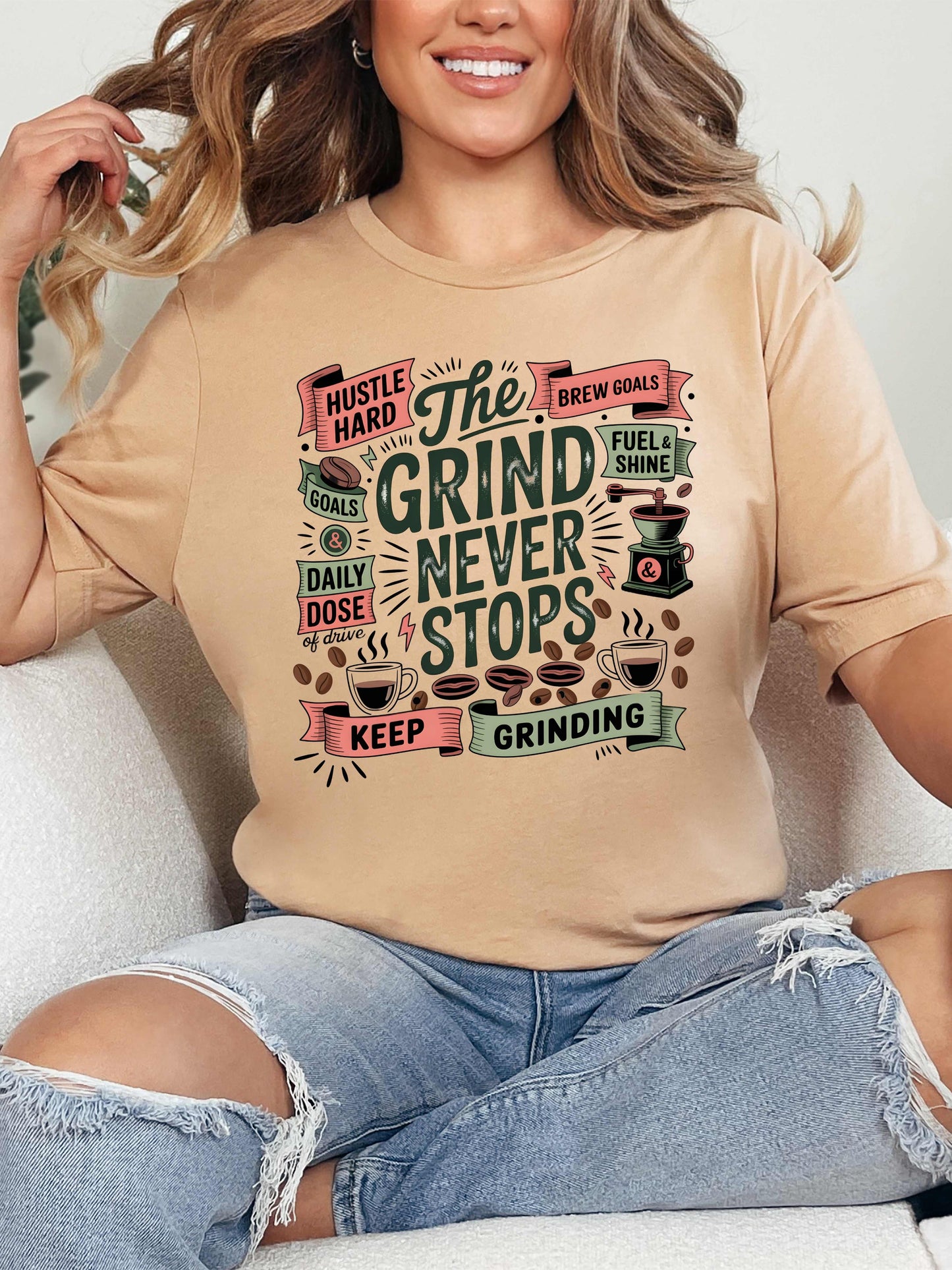 The Grind Never Stops Coffee-Inspired T-Shirt