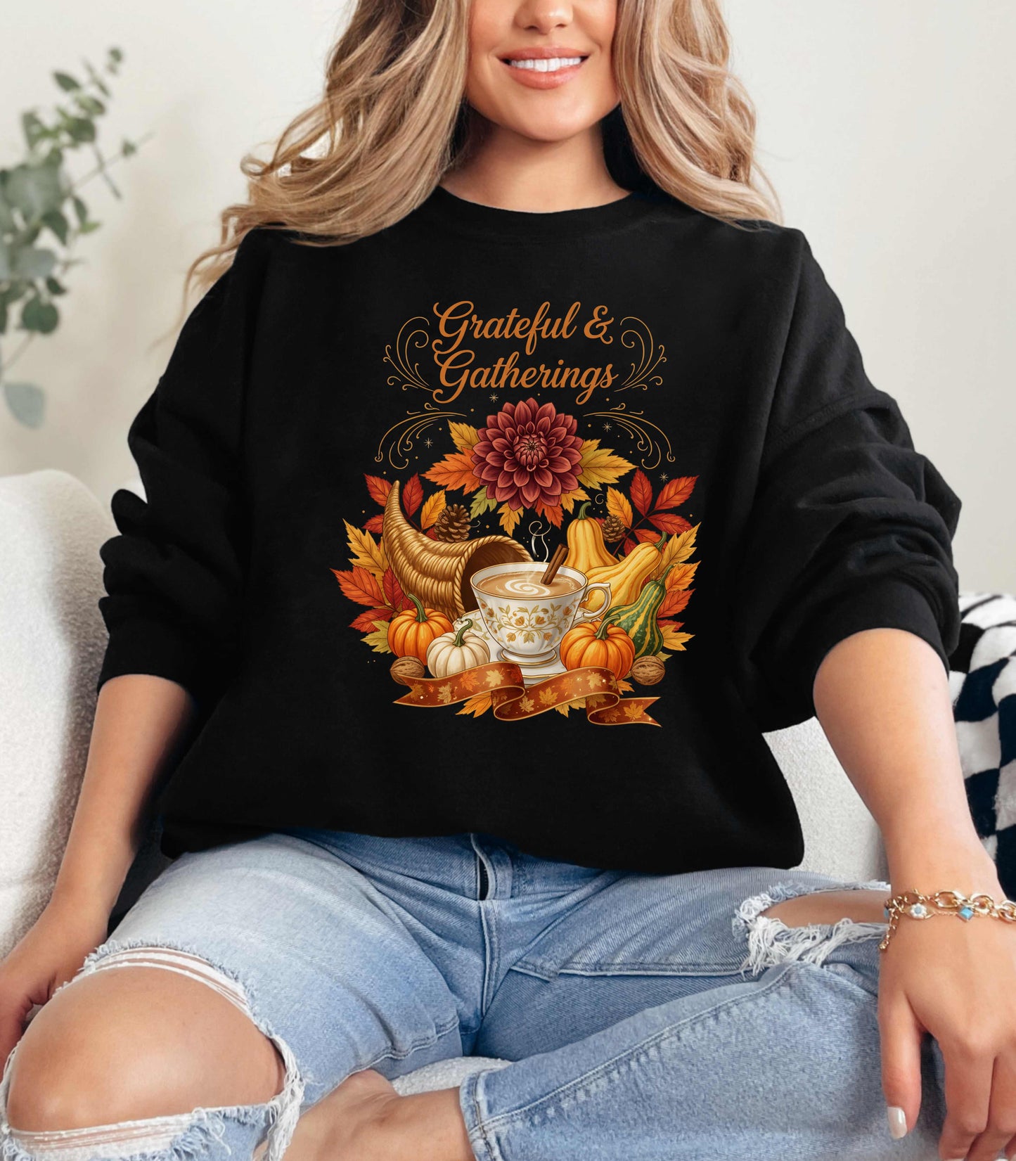 Grateful & Gatherings Fall Sweatshirt – Cozy Autumn Thanksgiving Crewneck