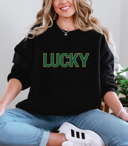 "Lucky" Faux Embroidered Design Styled Sweatshirt