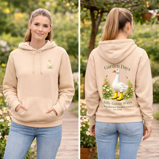 Funny Goose Gardening Hoodie, Garden Days Silly Goose Ways Cottage core Hoodie, Pinehaven Cozy Club, Back Print Hoodie