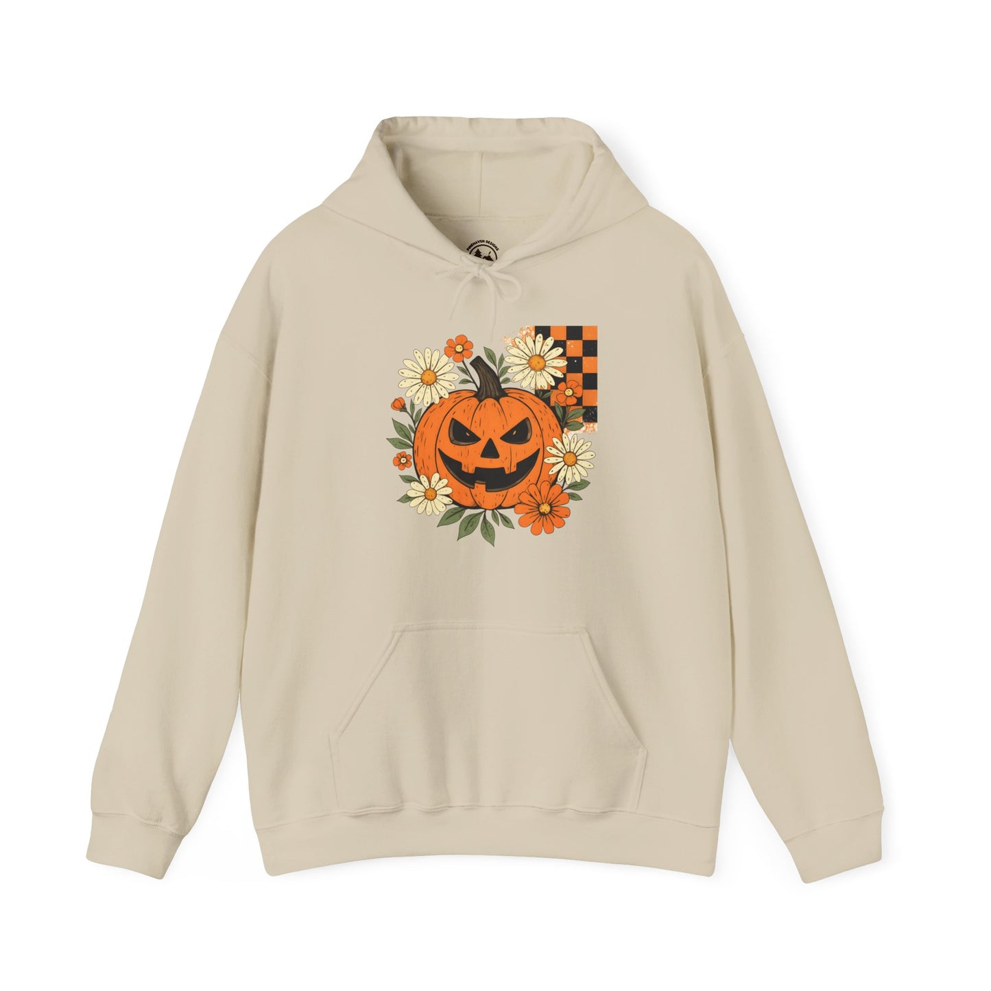 Halloween Pumpkin Hoodie – Jack-O’-Lantern with Flowers & Checkerboard Hooded Sweater