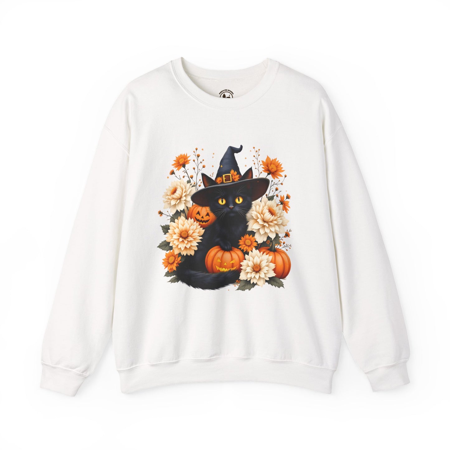 Halloween Black Cat Crewneck – Witch Hat, Pumpkins & Fall Flowers Sweatshirt