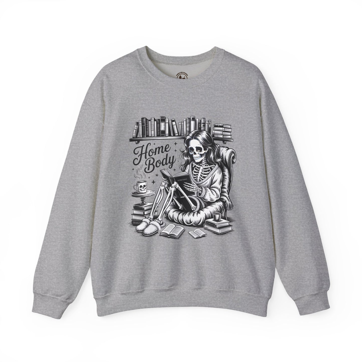 Home Body Crewneck Sweatshirt | Cozy Skeleton Reading Book Lover Unisex