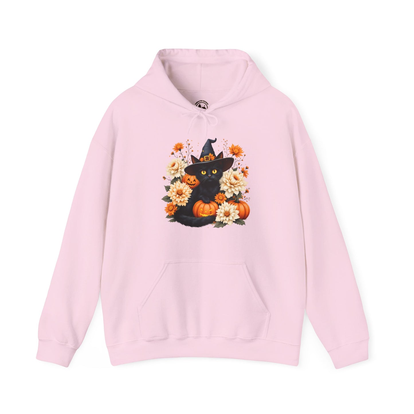 Halloween Black Cat Hoodie – Witch Hat, Pumpkins & Autumn Flowers Hooded Sweatshirt