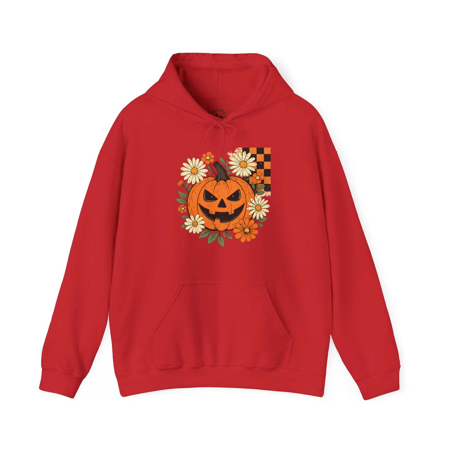 Halloween Pumpkin Hoodie – Jack-O’-Lantern with Flowers & Checkerboard Hooded Sweater