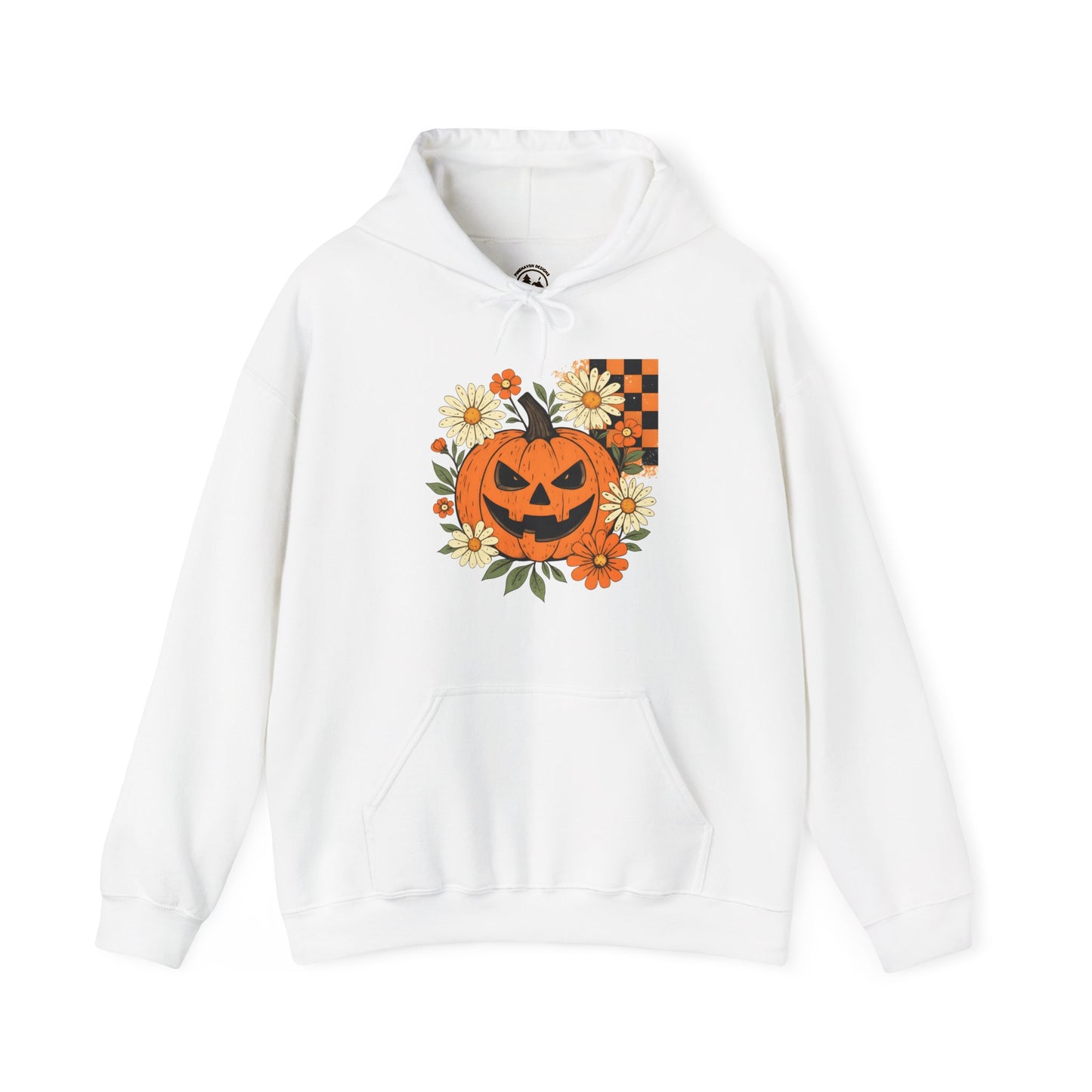 Halloween Pumpkin Hoodie – Jack-O’-Lantern with Flowers & Checkerboard Hooded Sweater