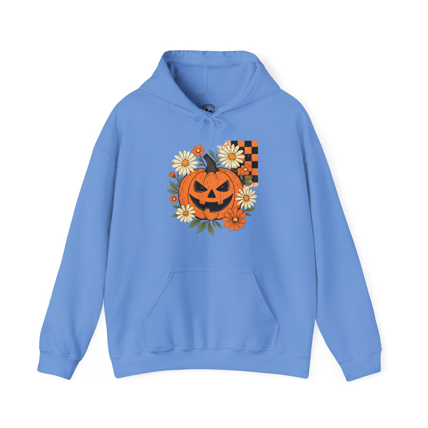 Halloween Pumpkin Hoodie – Jack-O’-Lantern with Flowers & Checkerboard Hooded Sweater