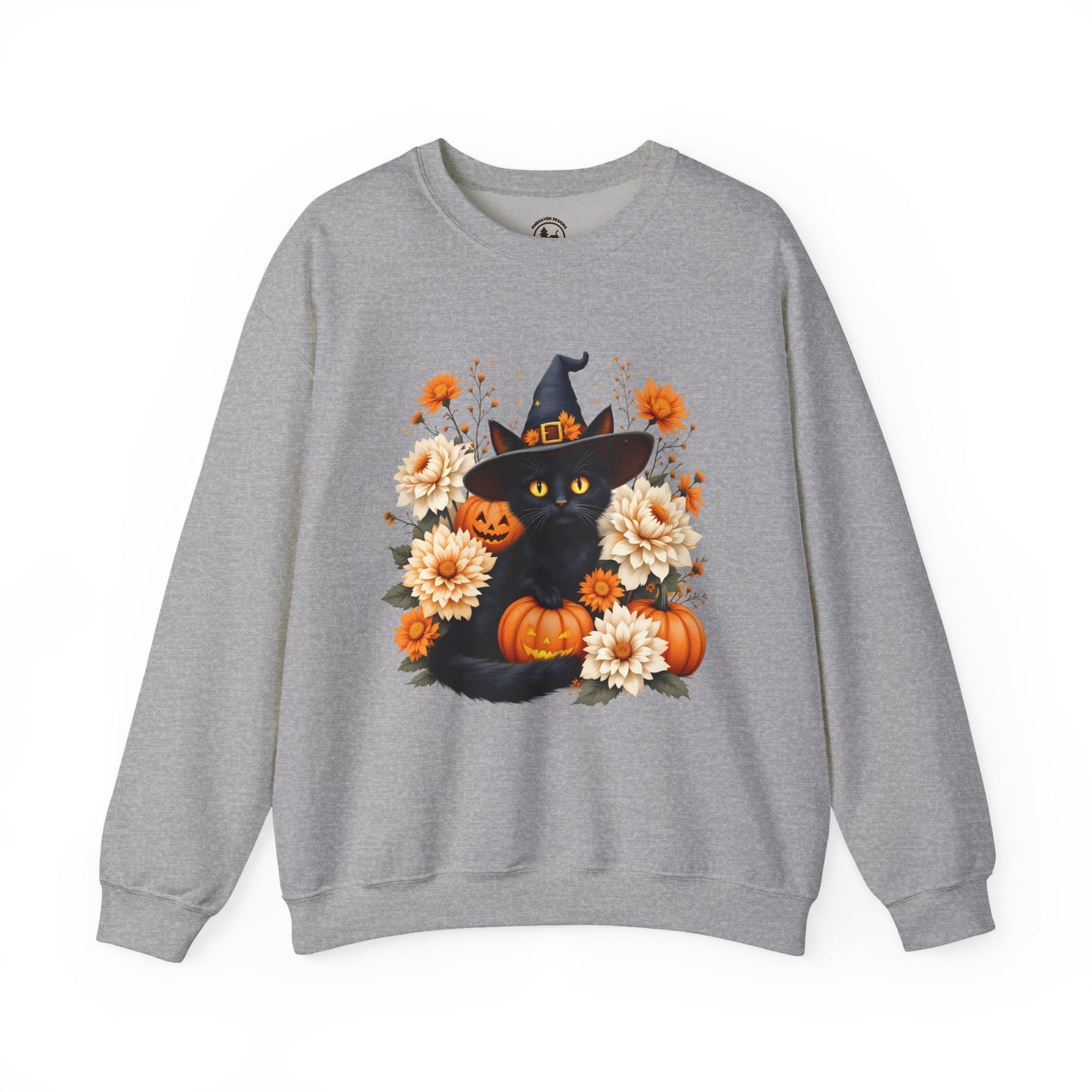 Halloween Black Cat Crewneck – Witch Hat, Pumpkins & Fall Flowers Sweatshirt