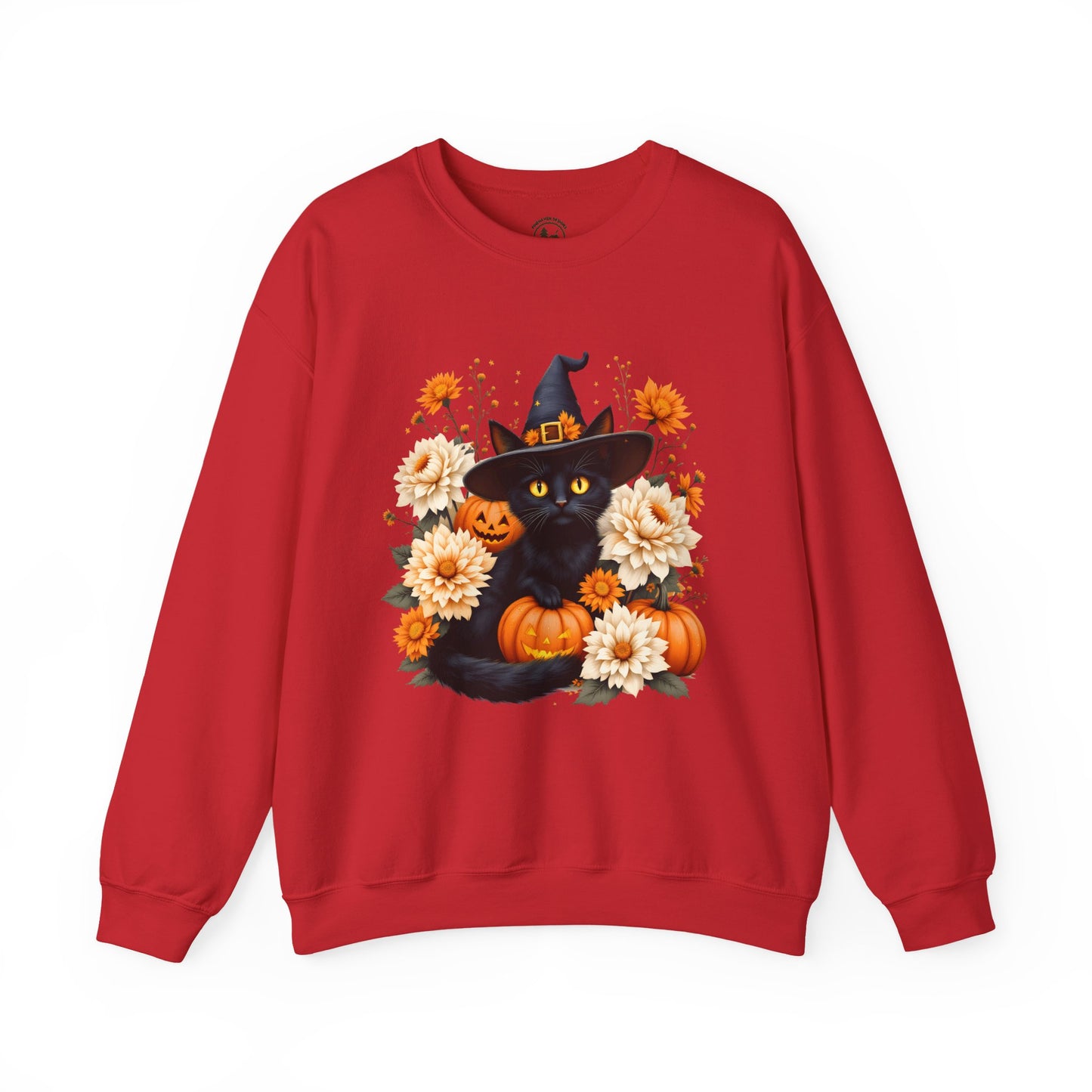 Halloween Black Cat Crewneck – Witch Hat, Pumpkins & Fall Flowers Sweatshirt