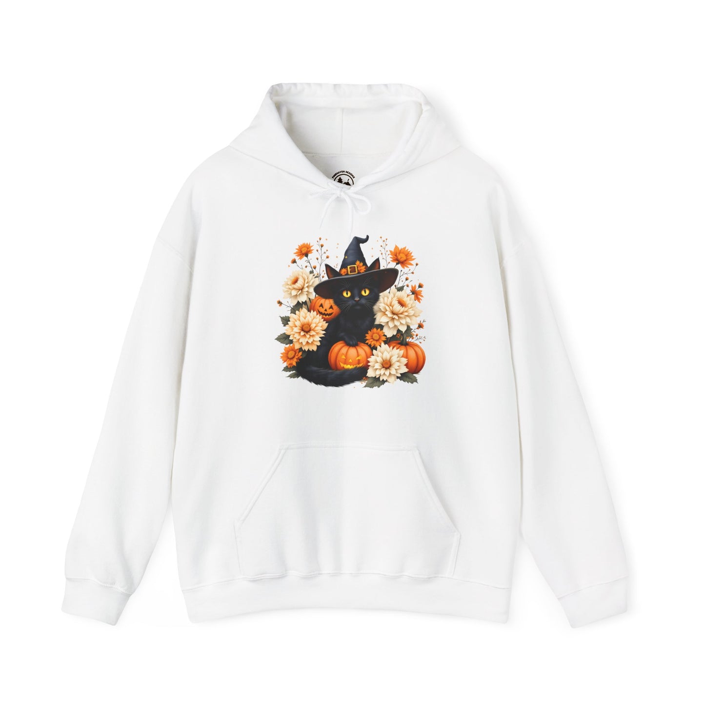 Halloween Black Cat Hoodie – Witch Hat, Pumpkins & Autumn Flowers Hooded Sweatshirt