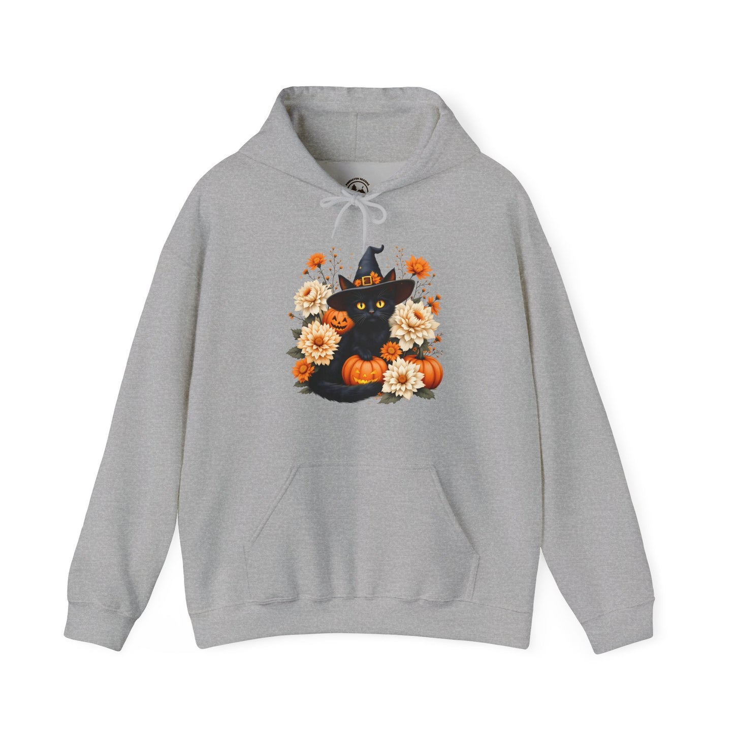Halloween Black Cat Hoodie – Witch Hat, Pumpkins & Autumn Flowers Hooded Sweatshirt