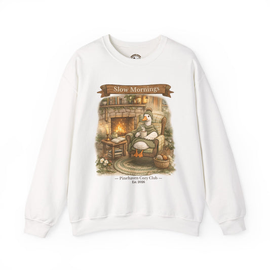 Slow Mornings Goose Crewneck Sweatshirt, Cozy Cottagecore Crewneck, Pinehaven Cozy Club, Book Lover Coffee Aesthetic Pullover