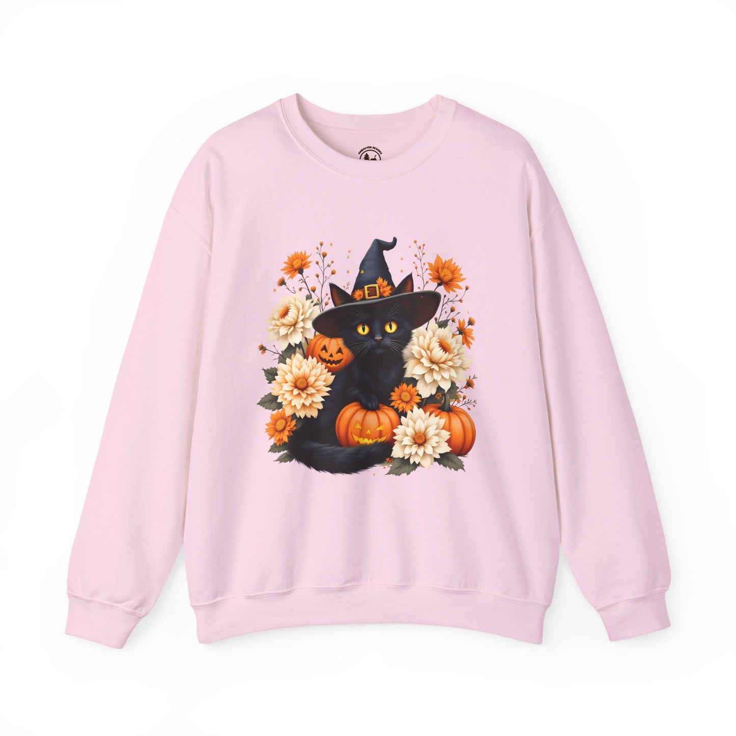 Halloween Black Cat Crewneck – Witch Hat, Pumpkins & Fall Flowers Sweatshirt