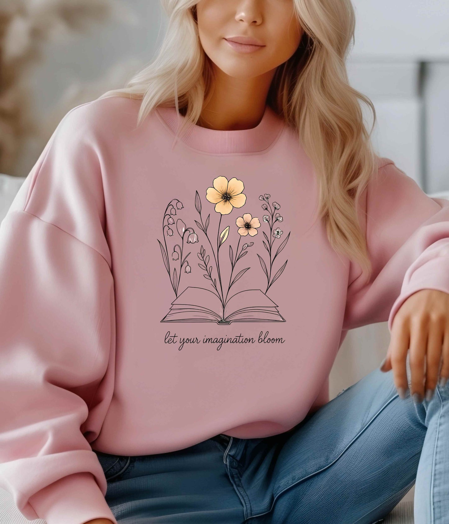 Let Your Imagination Bloom Crewneck Sweatshirt – Inspirational Floral Book Design