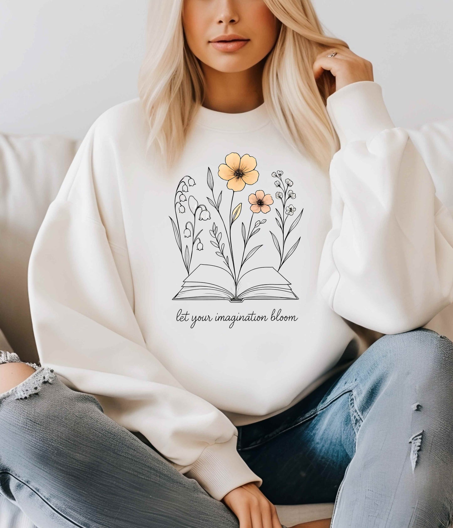 Let Your Imagination Bloom Crewneck Sweatshirt – Inspirational Floral Book Design
