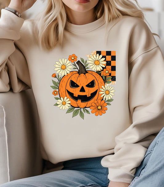 Smiling Jack O’Lantern Pumpkin Shirt | Cute Halloween Floral Sweatshirt