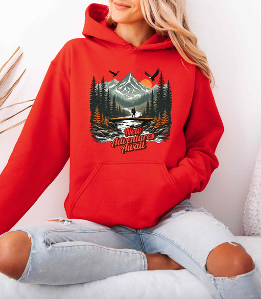New Adventures Await Hoodie for Women | Mountain Hiking Adventure Sweatshirt