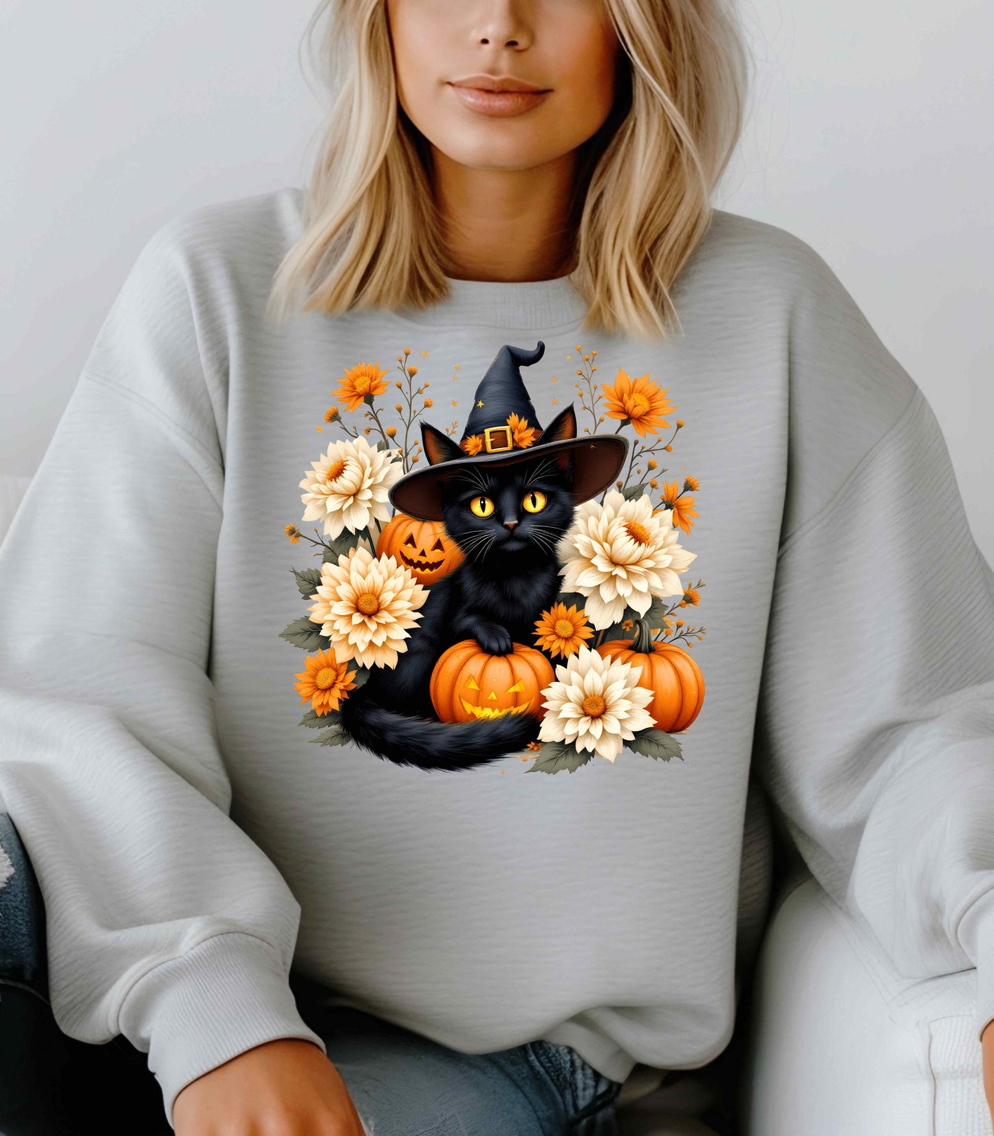 Halloween Black Cat Crewneck – Witch Hat, Pumpkins & Fall Flowers Sweatshirt