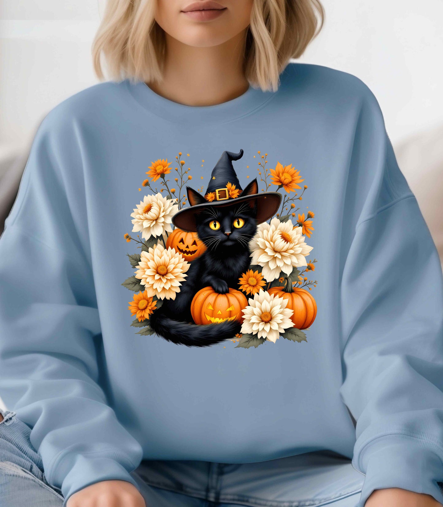 Halloween Black Cat Crewneck – Witch Hat, Pumpkins & Fall Flowers Sweatshirt