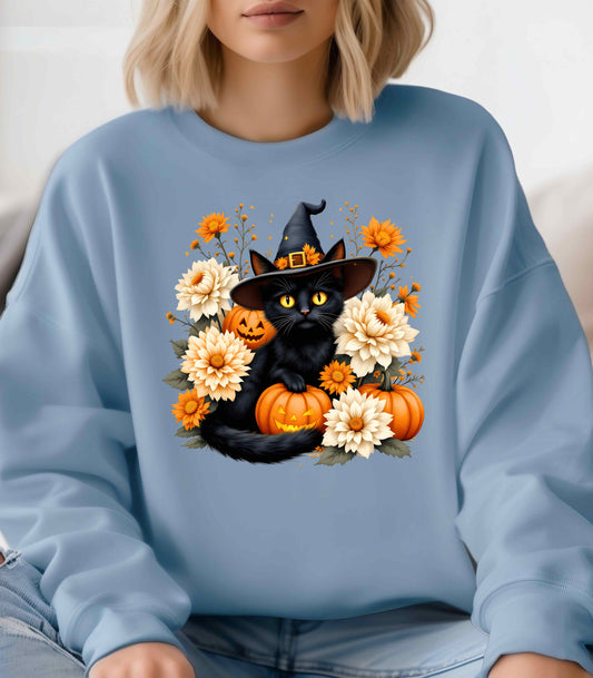Halloween Black Cat Crewneck – Witch Hat, Pumpkins & Fall Flowers Sweatshirt