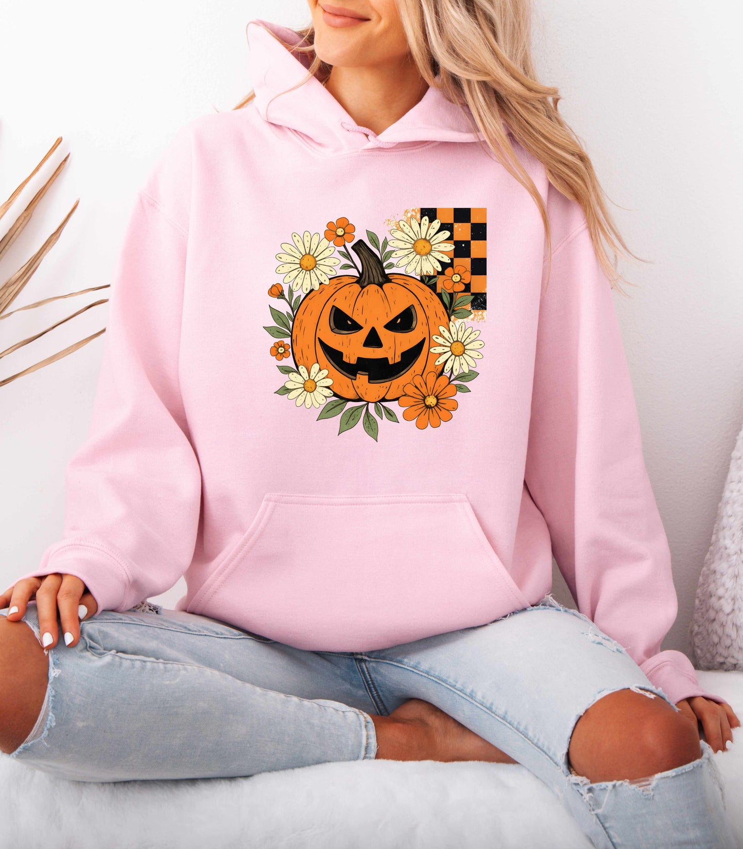 Halloween Pumpkin Hoodie – Jack-O’-Lantern with Flowers & Checkerboard Hooded Sweater