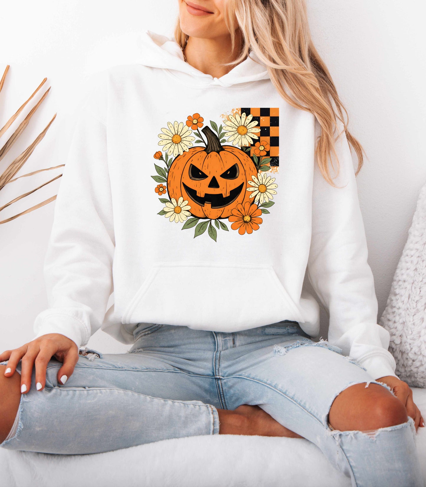 Halloween Pumpkin Hoodie – Jack-O’-Lantern with Flowers & Checkerboard Hooded Sweater
