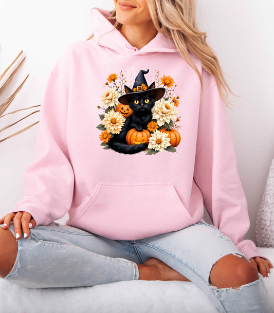 Halloween Black Cat Hoodie – Witch Hat, Pumpkins & Autumn Flowers Hooded Sweatshirt