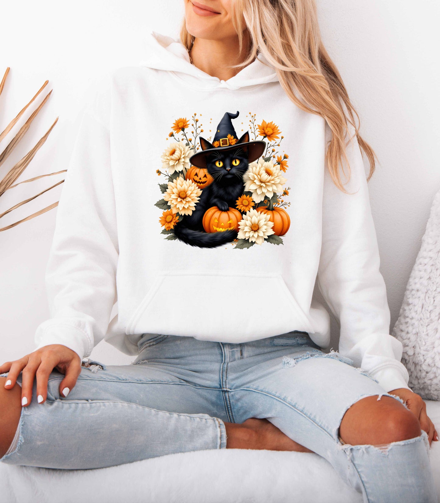 Halloween Black Cat Hoodie – Witch Hat, Pumpkins & Autumn Flowers Hooded Sweatshirt