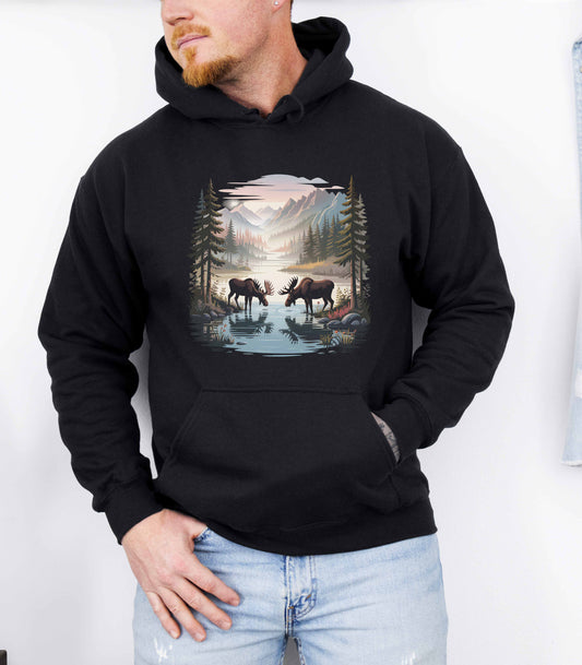 Moose Wilderness  Hooded Sweatshirt | Nature Mountain Landscape Unisex
