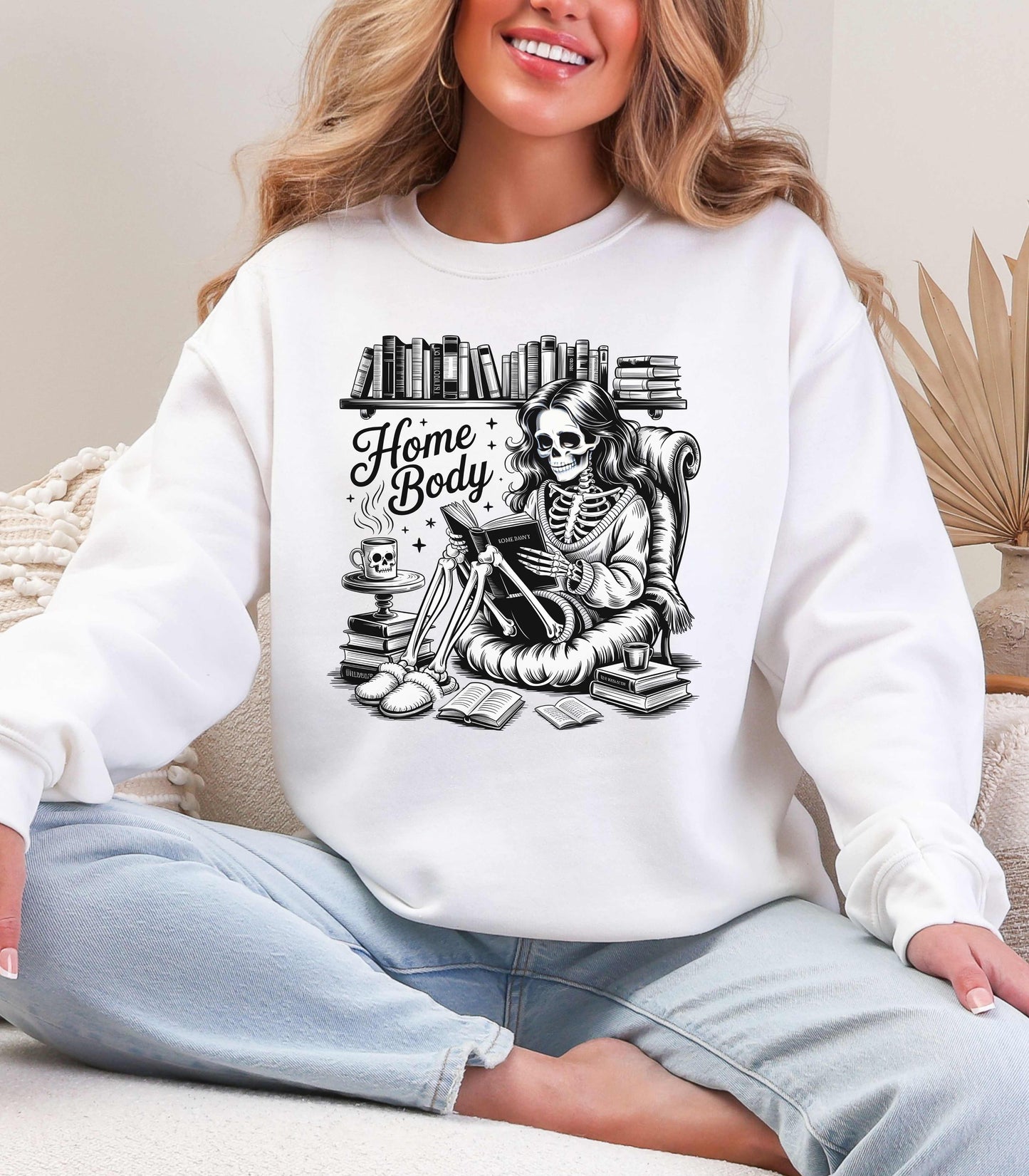 Home Body Crewneck Sweatshirt | Cozy Skeleton Reading Book Lover Unisex