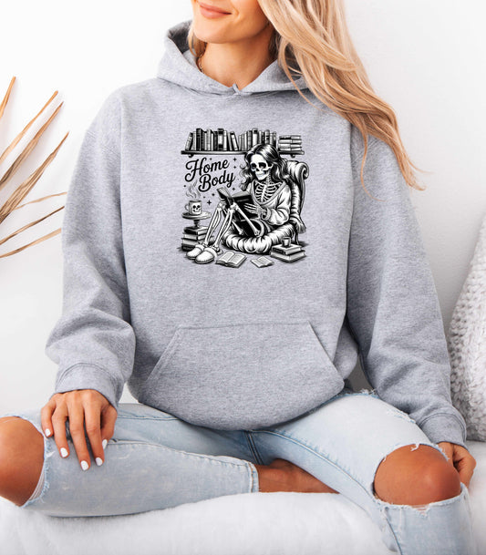 Home Body Hoodie | Skeleton Reading Book Lover Hooded Sweatshirt Unisex