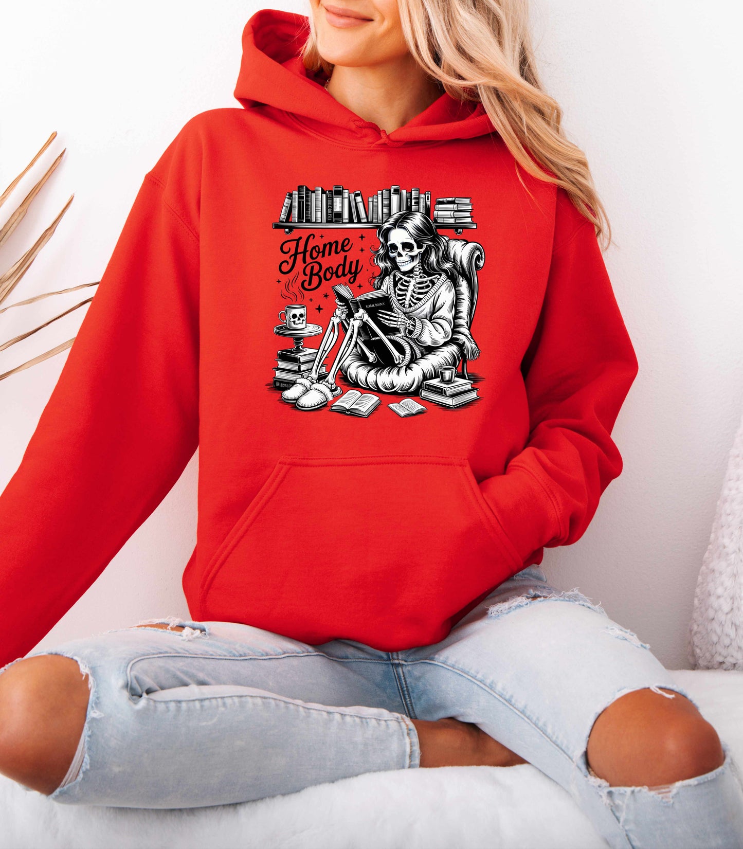Home Body Hoodie | Skeleton Reading Book Lover Hooded Sweatshirt Unisex