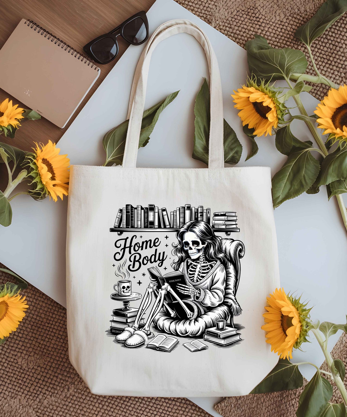 Home Body Tote Bag | Skeleton Reading Book Lover Canvas Tote