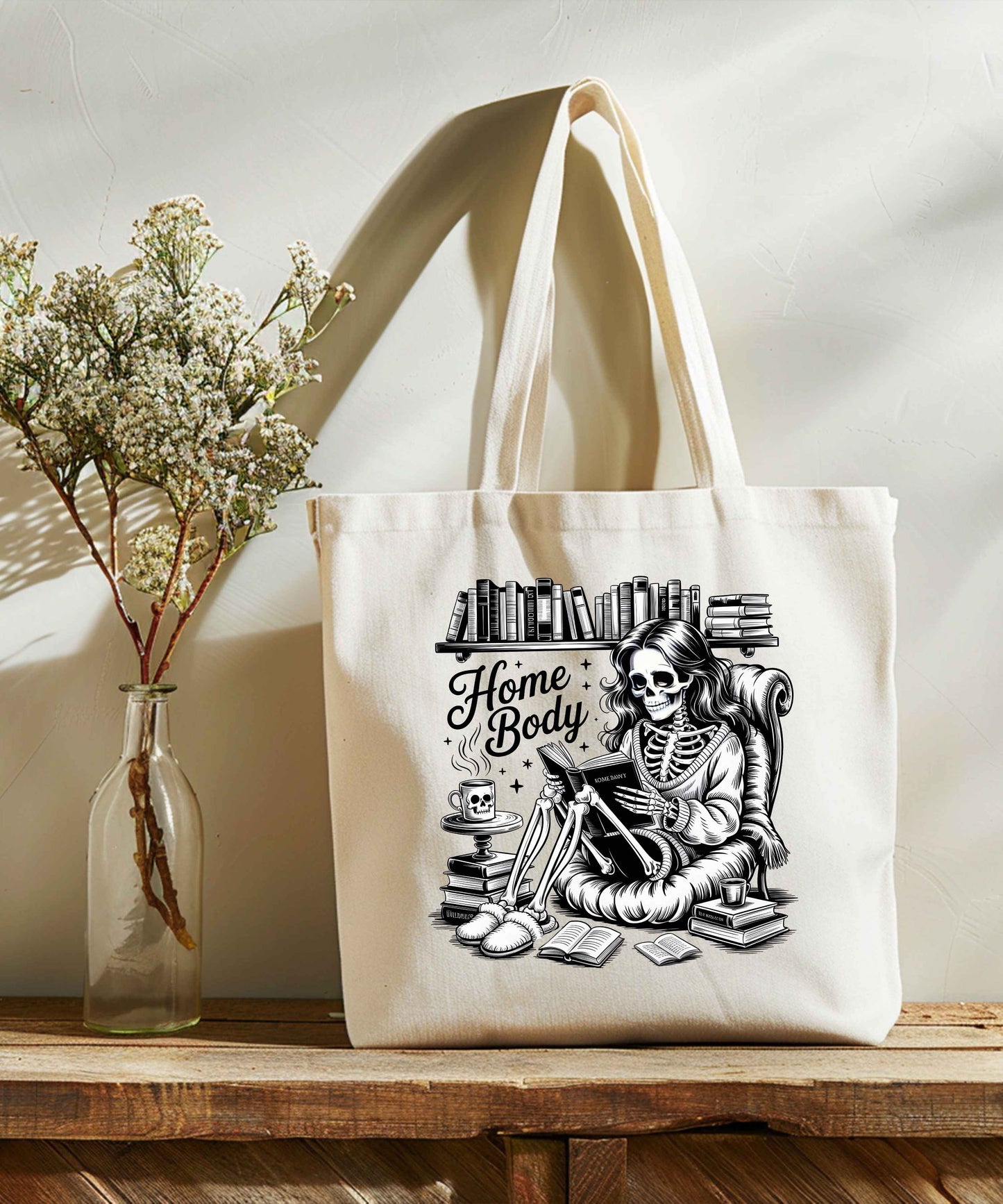 Home Body Tote Bag | Skeleton Reading Book Lover Canvas Tote
