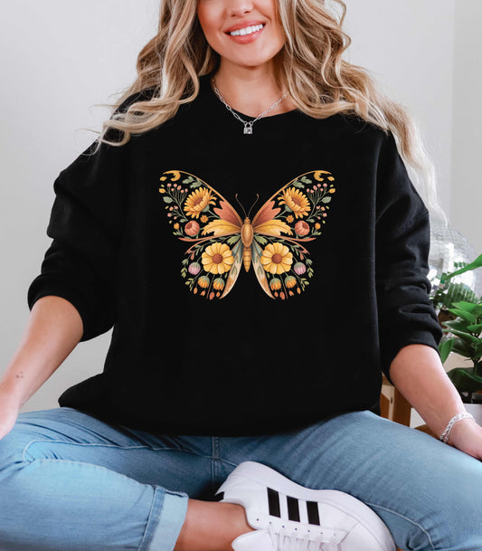 Floral Butterfly Crewneck Sweatshirt | Boho Botanical Nature-Inspired Unisex