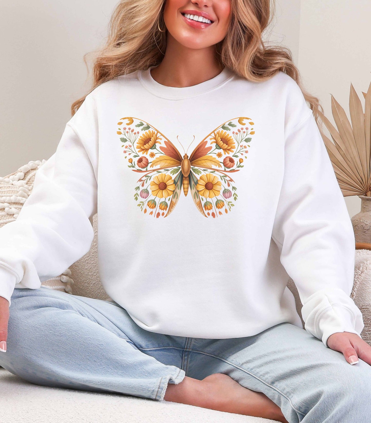 Floral Butterfly Crewneck Sweatshirt | Boho Botanical Nature-Inspired Unisex