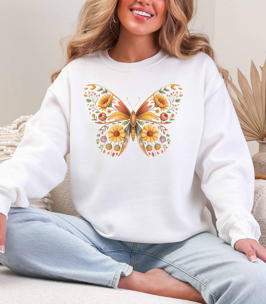 Boho Style Floral Butterfly Crewneck