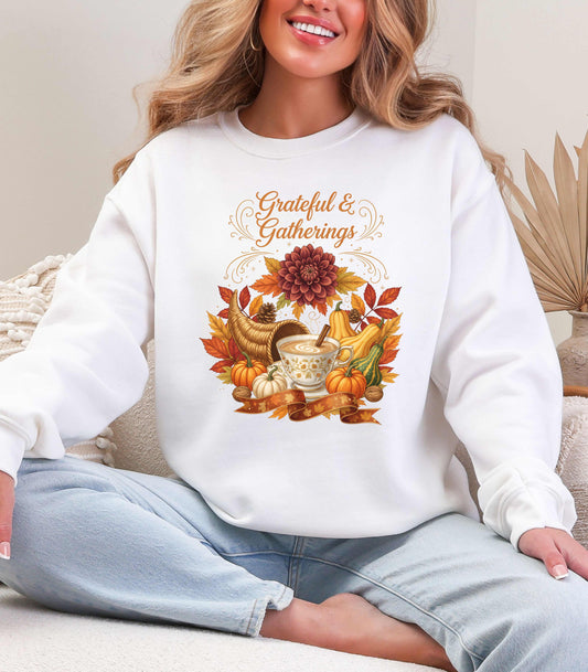 Grateful & Gatherings Fall Sweatshirt – Cozy Autumn Thanksgiving Crewneck