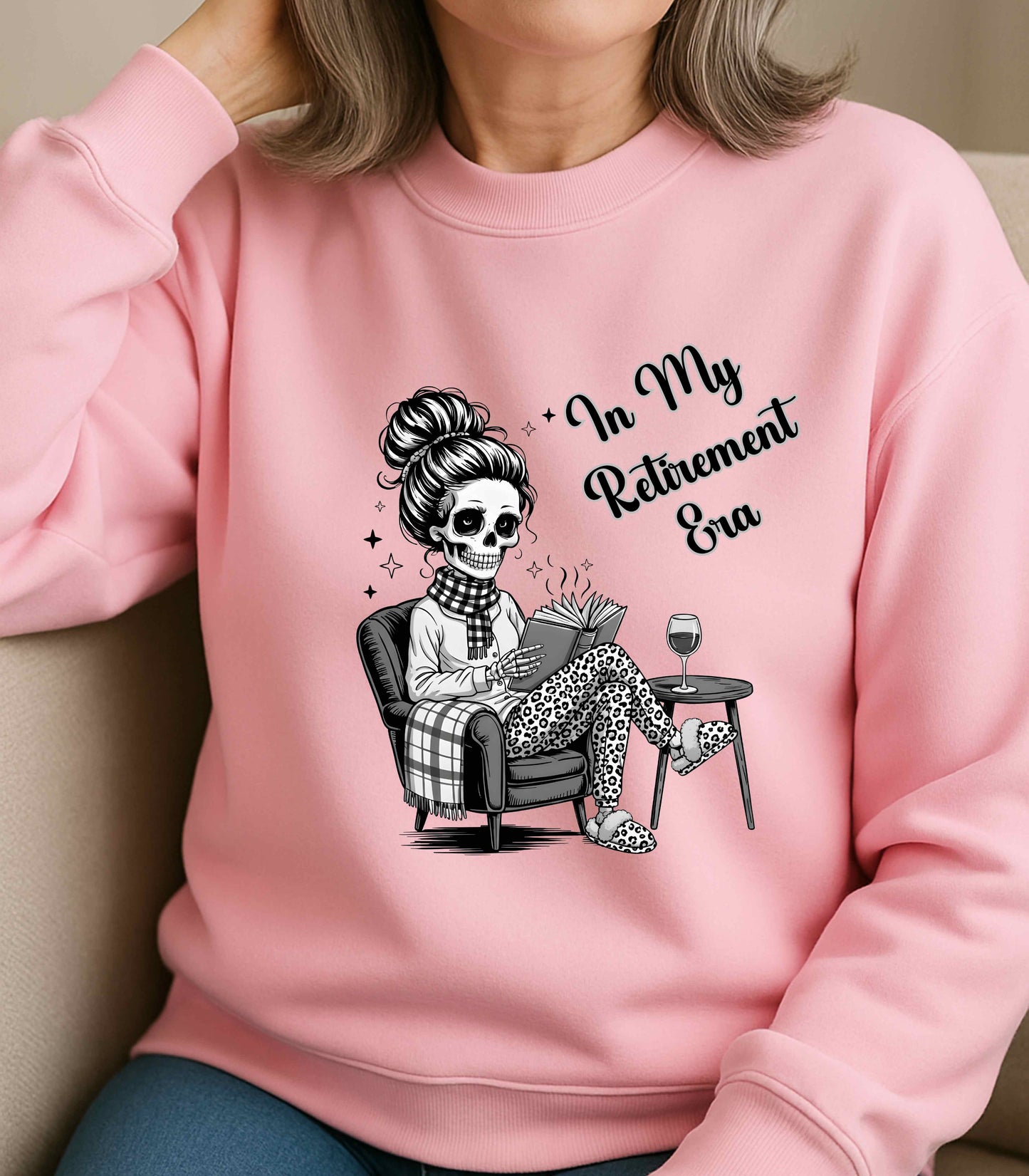 In My Retirement Era Skeleton Graphic Sweatshirt – Cozy Funny Pink Crewneck