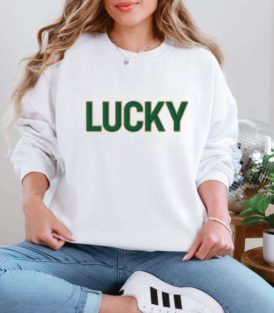 "Lucky" Faux Embroidered Design Styled Sweatshirt