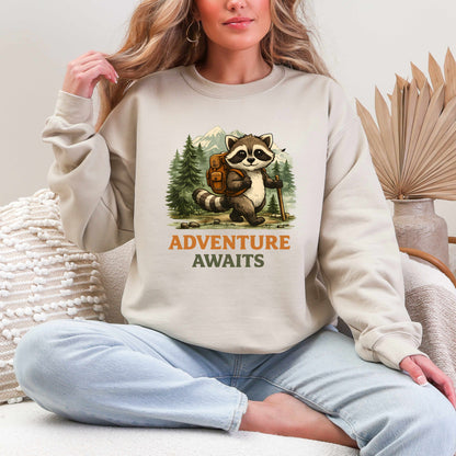 Raccoon Adventure Awaits Crewneck Sweatshirt, Cute Hiking Raccoon Sweater, Outdoor Nature Graphic Pullover