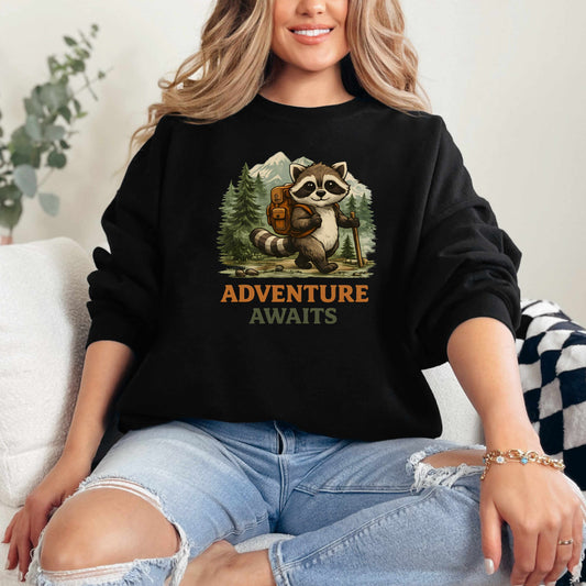 Raccoon Adventure Awaits Crewneck Sweatshirt, Cute Hiking Raccoon Sweater, Outdoor Nature Graphic Pullover