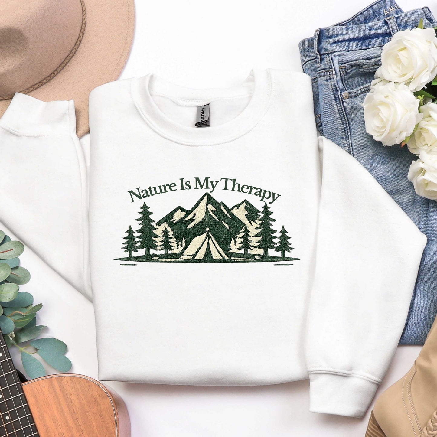 Nature Is My Therapy Crewneck Sweatshirt, Vintage Mountain Camping Graphic Sweatshirt, Nature Lover Hiking Pullover, Outdoor Adventure Unisex Crewneck