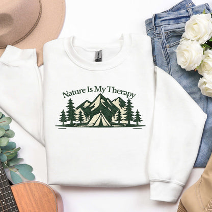 Nature Is My Therapy Crewneck Sweatshirt, Vintage Mountain Camping Graphic Sweatshirt, Nature Lover Hiking Pullover, Outdoor Adventure Unisex Crewneck