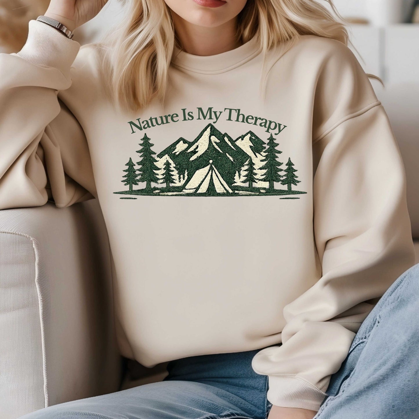 Nature Is My Therapy Crewneck Sweatshirt, Vintage Mountain Camping Graphic Sweatshirt, Nature Lover Hiking Pullover, Outdoor Adventure Unisex Crewneck