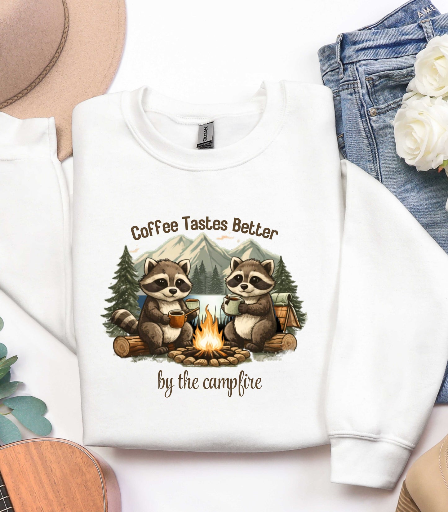 Coffee Tastes Better by the Campfire Shirt, Cute Raccoon Camping Shirt, Coffee Lover Camping Tee, Cozy Campfire Nature Shirt, Pinehaven Cozy Club