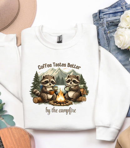 Coffee Tastes Better by the Campfire Shirt, Cute Raccoon Camping Shirt, Coffee Lover Camping Tee, Cozy Campfire Nature Shirt, Pinehaven Cozy Club