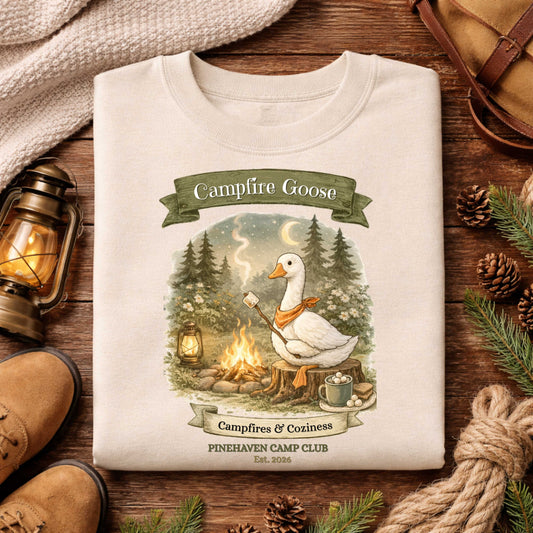 Campfire Goose Crewneck Sweatshirt, Cozy Camping Graphic Pullover, Nature Campfire Sweater, Outdoor Cottage core Goose Design, Pinehaven  Cozy Club