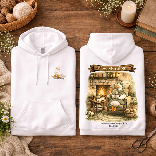 Slow Mornings Goose Hoodie, Cozy Cottage core Hoodie, Coffee Lover Aesthetic Hoodie,  Cozy Pullover, Pinehaven Cozy Club