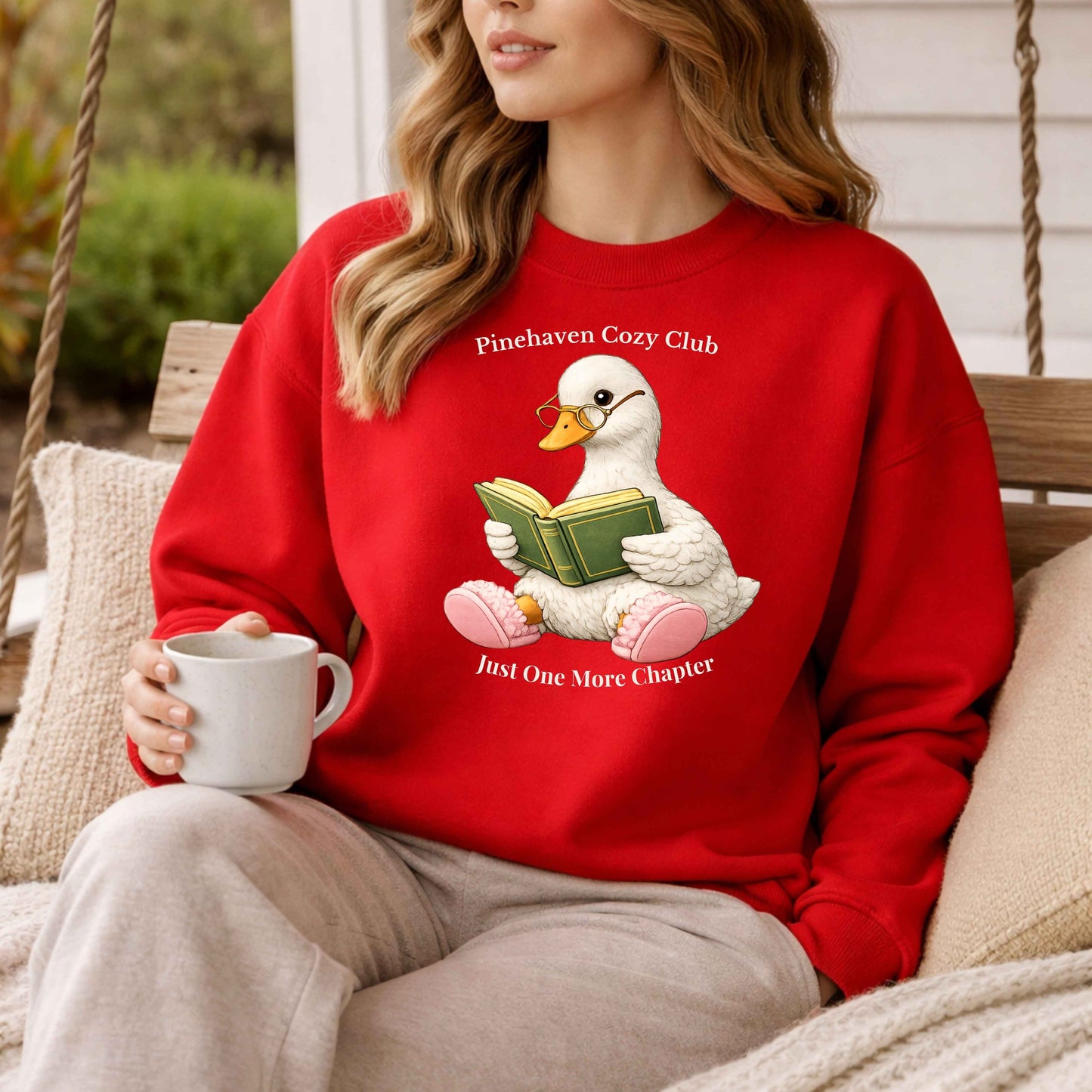 Pinehaven Cozy Club Goose Reading Crewneck, Just One More Chapter Crewneck Sweatshirt